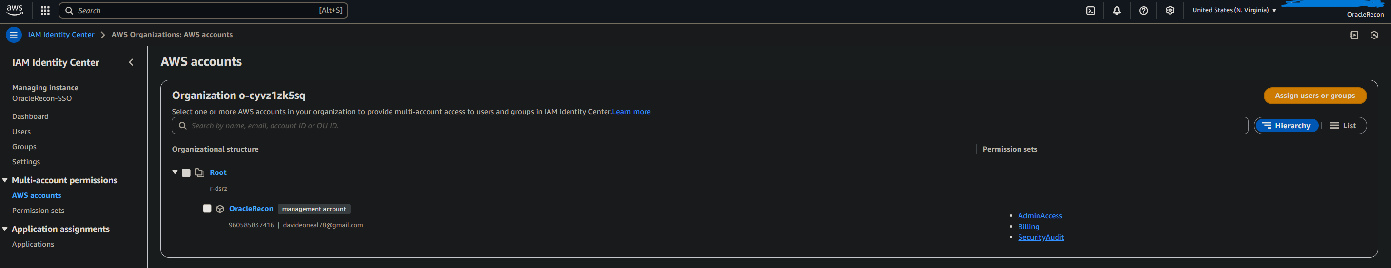 AWS Identity Center assignments view with users and groups mapped to accounts