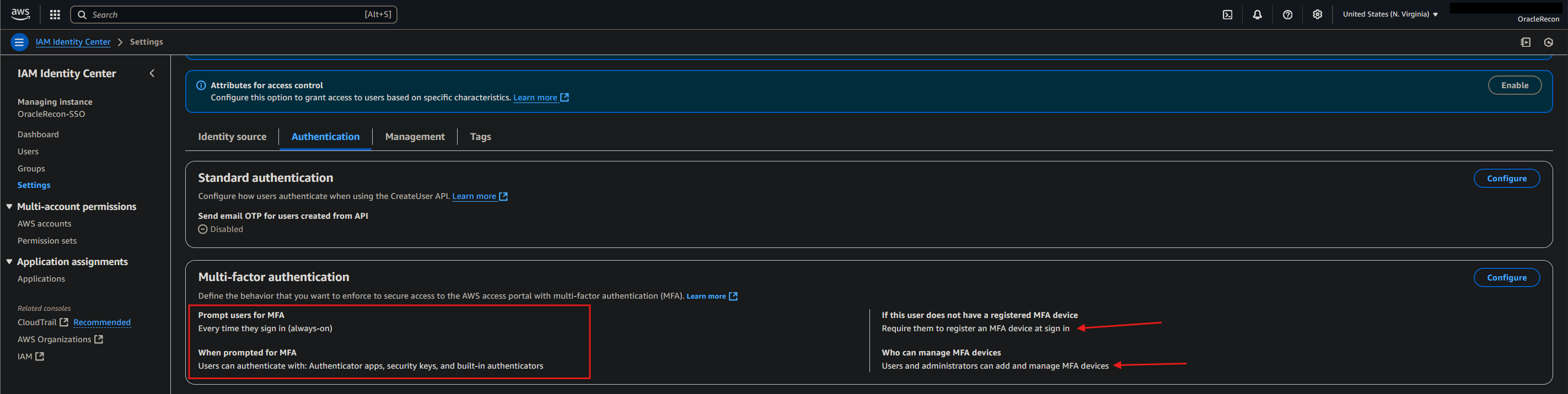AWS Identity Center MFA required setting enabled