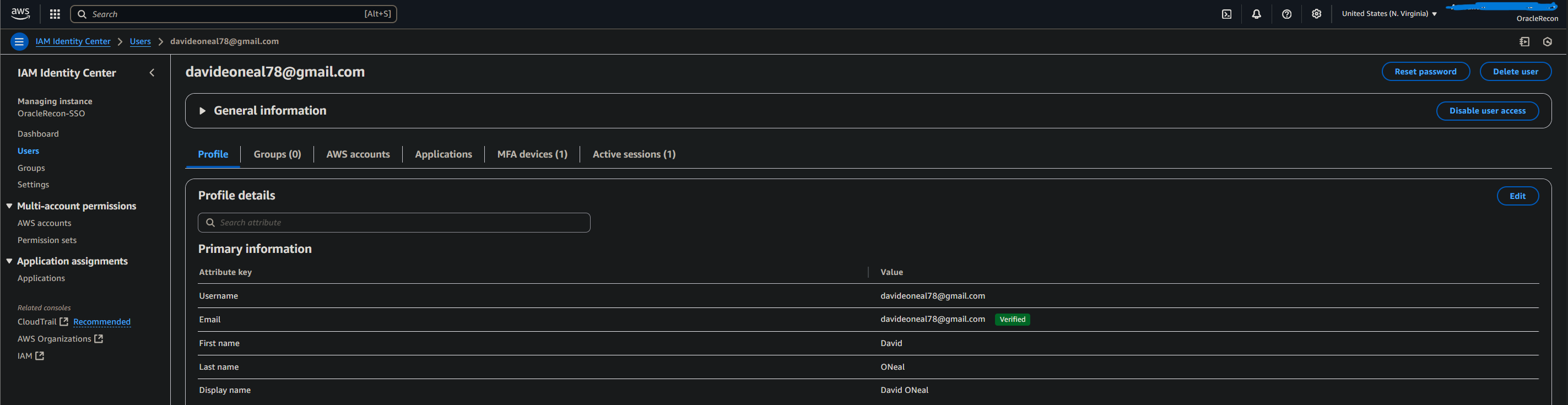 User account info panel in AWS Identity Center